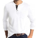 White Mens Fashion Henley Shirts Long Sleeve Button Cotton T-Shirt with Pocket