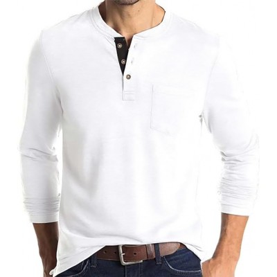 White Mens Fashion Henley Shirts Long Sleeve Button Cotton T-Shirt with Pocket