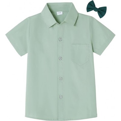 Boys Dress Shirts Boy Button Down Shirt Short Sleeve Removable Bow Tie Button Up White Formal Graduation 6-10 Size