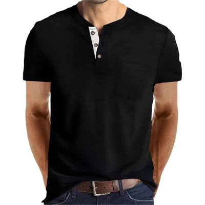Black  Mens Fashion Henley Shirts Long Sleeve Button Cotton T-Shirt with Pocket