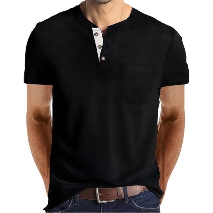 Black Mens Fashion Henley Shirts Long Sleeve Button Cotton T-Shirt with Pocket Black Mens Fashion Henley Shirts Long Sleeve Button Cotton T-Shirt with Pocket