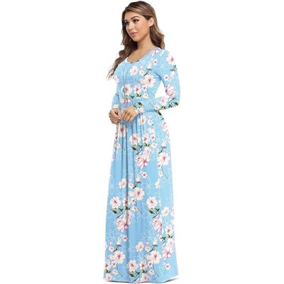 flower-light Blue Women's Long Sleeve Loose Plain Maxi Dresses Casual Long Dresses with Pockets