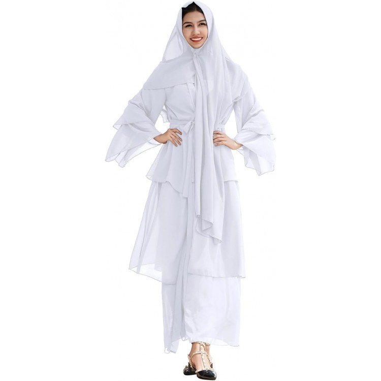 Women Muslim Chiffon Abaya Modest Open Front Cardigan Dress with Hijab Middle East Arabian Robe Islamic Dubai Outfit