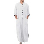 Men's Kaftan Thobe Long Sleeve Muslim Robe Button Up Side Split Kaftan Thobe with Pockets