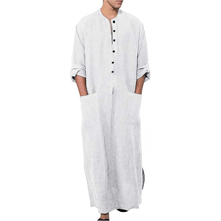 Men's Kaftan Thobe Long Sleeve Muslim Robe Button Up Side Split Kaftan Thobe with Pockets