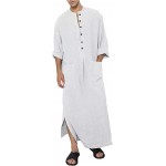 Men's Kaftan Thobe Long Sleeve Muslim Robe Button Up Side Split Kaftan Thobe with Pockets