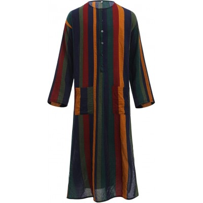 Mens Muslim Thobe Long Sleeve Stripe Long Gown Middle East Islam Arabic Thobe Shirt Dresses