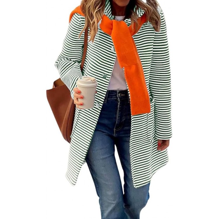 Women's Color Block Striped Hooded Cardigan Sweaters Button Down Long Coatigan Jackets with Pockets