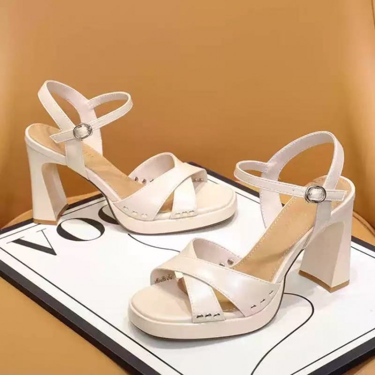 White Crisscross Strap Block Heel Platform Sandals